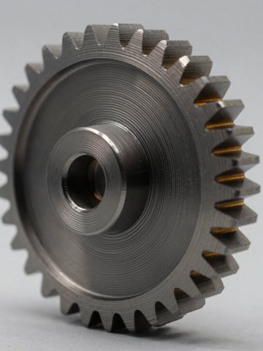 Macro shot of a high-precision 3D printed mechanical gear, showing perfect layer adhesion, cool diffused studio lighting with a subtle gold backlight highlighting the clean edges, neutral gray background.