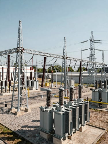 Wide overhead view of a high-voltage electricity substation at midday, steel lattice towers and transformer banks receding into the frame, institutional daylight, no people, architectural scale