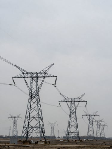 Wide panoramic view of high-voltage electricity transmission towers stretching across flat terrain under overcast institutional daylight, steel lattice structures receding to the right, expansive grey sky, low horizon, no people