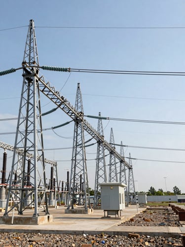 Wide institutional shot of a high-voltage transmission substation at midday, steel lattice towers and switchgear receding to the left, open industrial horizon to the right, overhead daylight, no people, architectural scale and technical precision