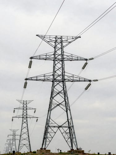 Wide-angle shot of high-voltage transmission towers receding into a flat landscape under grey institutional daylight, overhead framing emphasizing structural scale, no people, no vehicles, architectural line work of steel lattice against overcast sky