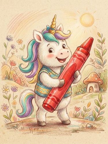 Whimsical children's book illustration of Kalle Knickhorn, a friendly unicorn with a bent horn, holding a giant red crayon, warm textured paper background