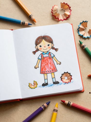 Flatlay of an open coloring book showing Felicitas Funkelstern, surrounded by colorful pencils and crayon shavings on a warm textured paper surface, soft depth of field