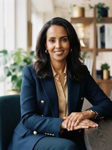 Elegant portrait of Amina Sidiqi, founder of SASS LLC, in a modern, well-lit studio, soft natural light, deep navy and warm gold tones, sharp focus, 35mm, looking confidently towards the viewer.