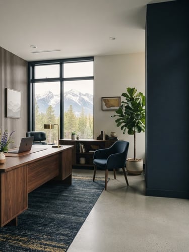 Elegant, modern office interior in Kalispell, Montana, with soft natural light, a sleek desk, and a subtle SASS LLC branding element in the background, wide shot with ample negative space on the right for text. premium editorial photography, soft natural light, deep navy and warm gold tones, sharp focus, 35mm