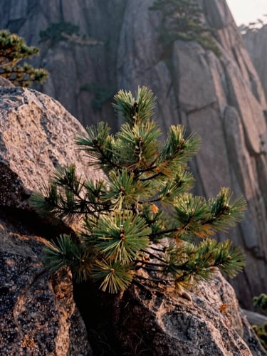 Close-up of native pine needles and rough granite rocks under soft, misty morning light, rich natural earth tones, 35mm film texture.