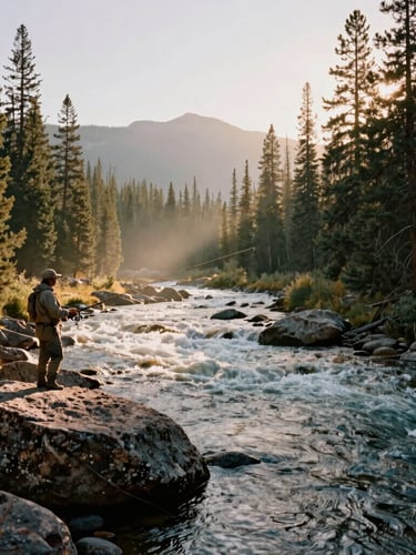 Warm editorial landscape photography of a fly fisherman casting a line into a clear, rushing Kootenai mountain river, surrounded by tall pine trees and granite rocks, soft morning mist, low-angle golden-hour sunlight casting long shadows.