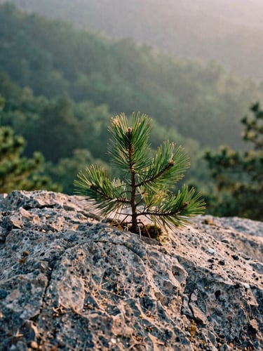 Macro texture shot of native pine needles and rough granite rock in soft misty morning light, rich forest green and warm gray tones, 35mm film texture, portrait orientation.