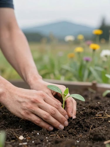 Close-up of volunteer hands gently pressing a young lavender seedling into rich dark soil, soft overcast Pacific Northwest daylight, shallow depth of field, 35mm