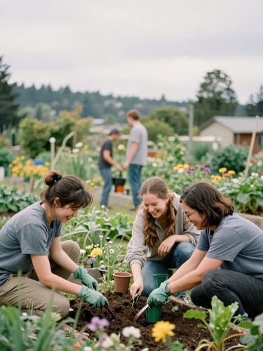 Warm documentary photography of diverse neighbors laughing while digging in a lush community garden under soft overcast Seattle skies, 35mm.