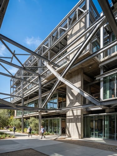 Wide-angle architectural photography of exposed structural steel framing against bright California daylight, crisp geometric shadows emphasizing form and engineering precision.