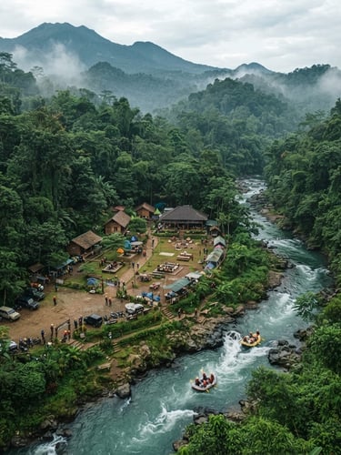 Wide aerial drone shot of the lush green Cisadane Adventure basecamp in Bogor, surrounded by tropical rainforest and the winding Cisadane river, natural morning mist, 35mm
