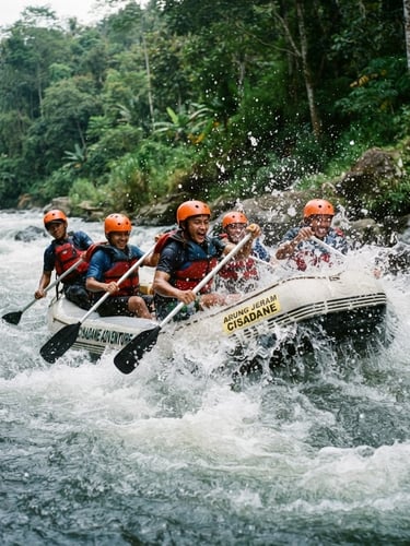 Dynamic low-angle action shot of a rafting boat navigating wild rapids on the Cisadane river, water splashing dramatically, participants wearing safety orange helmets and life jackets, overcast daylight, rich forest green background, 35mm