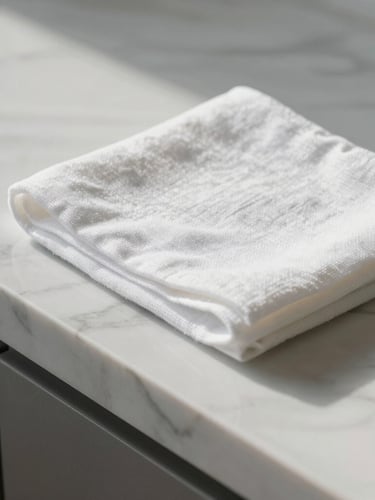 Macro shot of a pristine marble countertop with soft morning light, a perfectly folded white cotton cloth in the corner, clean architectural lines.