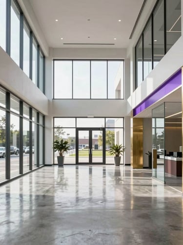 Straight-on architectural shot of a modern minimalist corporate office lobby in Yankton, polished concrete floors reflecting bright daylight from large windows, clean glass partitions, premium gold and purple accents.