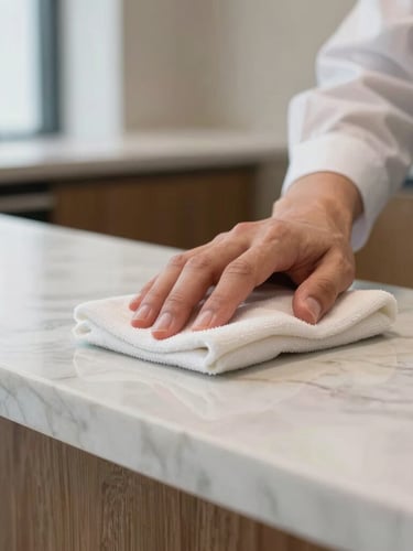 Macro detail shot of a professional hand in a clean uniform carefully wiping a pristine marble countertop in a corporate reception area, soft natural daylight, sharp focus.