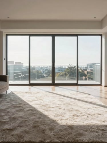 Straight-on architectural shot of a modern, sunlit living room with sharp vacuum lines on a plush carpet, bright natural daylight streaming through clean windows, high clarity