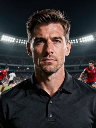 Close-up portrait of a serious sports journalist in a dark modern studio, dramatic high-contrast stadium lighting from behind, moody graphite atmosphere, 85mm lens