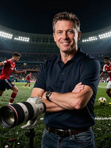 Expressive portrait of a sports journalist in a dark studio, dramatic stadium lighting, high contrast, professional setup
