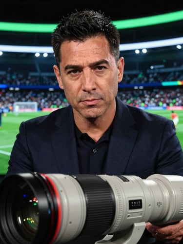A close-up of a professional sports journalist in a dark modern studio, focused expression, high-contrast lighting, neon green accents in background