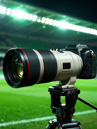 Close-up of professional camera lens on a tripod at a brightly lit stadium sideline, high contrast, saturated neon-green sideline lights, dynamic sports photography