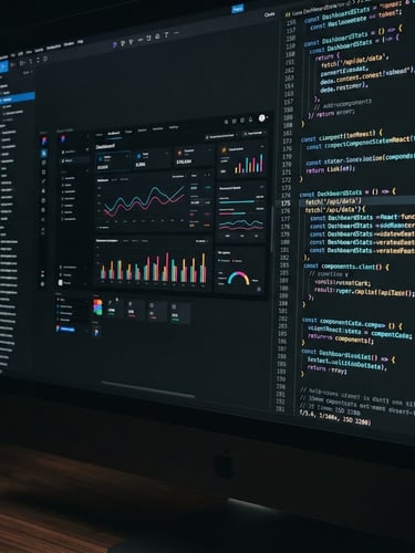 Macro shot of a modern, dark-themed UI prototype on a physical desktop monitor, showing intricate design details and code snippets, low-key studio lighting, sharp focus, 35mm.