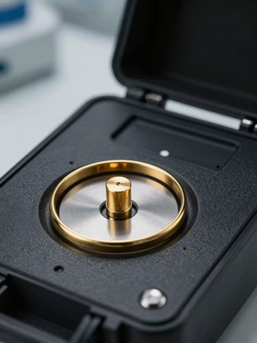 Close-up of a portable XRF gold purity testing device resting on a matte black case, a gold bangle placed on the sensor aperture, cool directional studio lighting picking up metallic surfaces, institutional lab environment visible softly out of focus in background, tight product framing