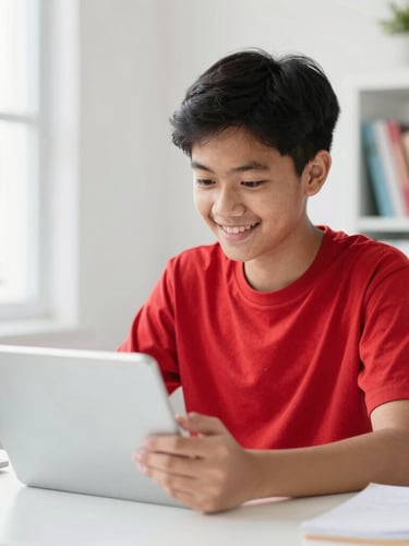 Bright editorial photography of a Malaysian student smiling while looking at a tablet screen in a sunlit home study room, soft daylight, shallow depth of field