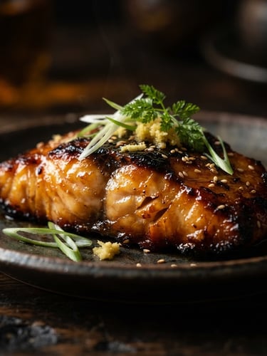 Macro shot of a wood-fired black cod dish, glistening with ginger-infused glaze, dramatic low-key side lighting, rich warm amber tones, shallow depth of field