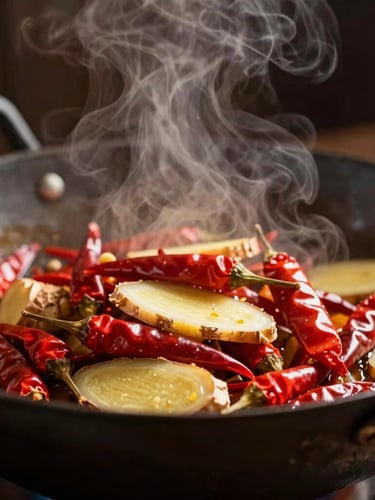 Macro close-up of steam rising from a dark steel wood-fired wok, vibrant red chilis and fresh ginger slices glistening under dramatic side lighting, shallow depth of field.