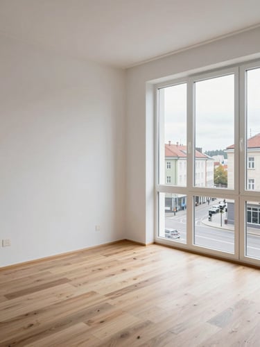 Wide interior shot of a clean Klaipėda apartment living room, large window on the right framing a grey Baltic city street below, natural overcast daylight washing the room, minimal white walls and pale wood floor, no personal items, functional and spacious