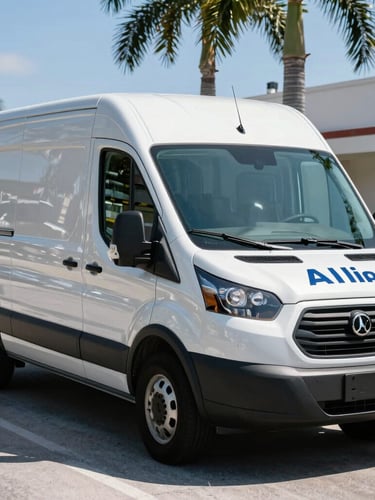 A recognizable Swift Air service van parked on a sunny Cape Coral street, bright Florida sunlight reflecting off clean metallic panels, active technician in the background holding tools.