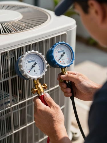 Tight macro shot of a certified HVAC technician using a digital manifold gauge to check refrigerant levels on an outdoor condenser unit in bright Florida sunlight.