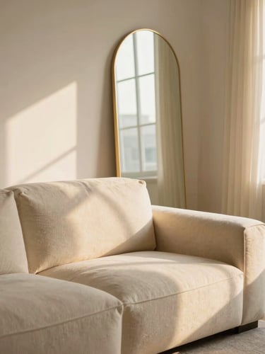 A sun-drenched warm minimalist living room with a bouclé cloud couch, arched gold floor mirror, and soft window light, 35mm editorial photography