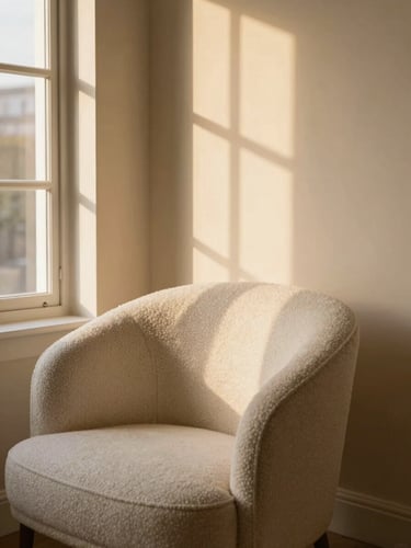 Elegant interior corner with a bouclé chair, warm golden-hour window light casting soft shadows on a beige plaster wall, 35mm photography