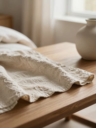 Close-up of textured linen fabrics and a ceramic vase on a styled oak coffee table, soft diffused morning light, shallow depth of field