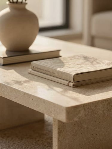 Close-up of a styled travertine coffee table with linen books, a ceramic vase, and warm golden-hour light casting soft shadows, shallow depth of field
