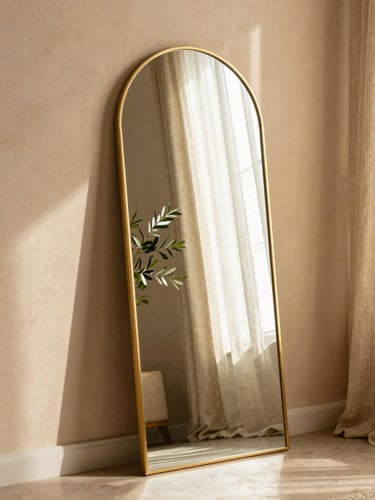 A tall gold arched mirror leaning against a warm beige plaster wall, reflecting a sun-drenched room with linen curtains and olive branches.