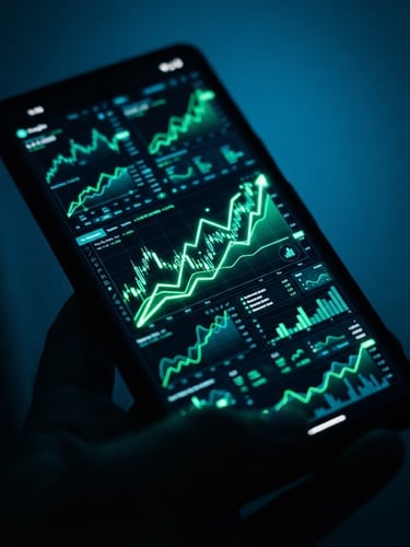 Macro shot of a high-contrast mobile screen displaying real-time analytical dashboards with upward trending green lines, neon cyber-blue ambient glow, shallow depth of field