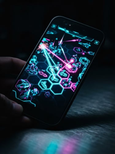 Close-up of a high-end mobile phone displaying vibrant, neon-lit gameplay of a mid-core strategy game, glowing cyan and magenta light reflecting on a dark metallic surface, shallow depth of field.