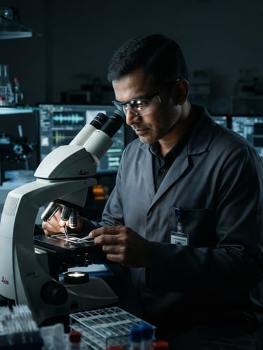 Cinematic dark-mode portrait of G. Vimal Kumar in a high-tech forensic lab, sharp cool-toned key light, technical data overlays, 35mm lens.