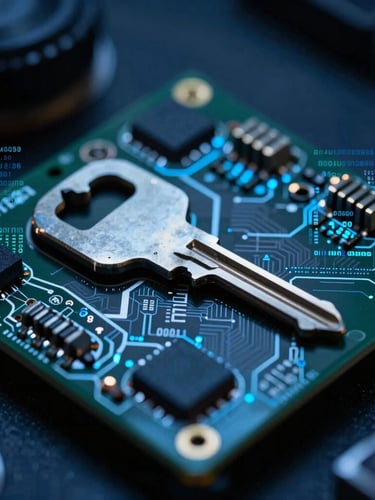 Macro close-up of a high-security hardware cryptographic module in a dark forensic lab, cool blue key light, high contrast, technical data overlay, 35mm lens