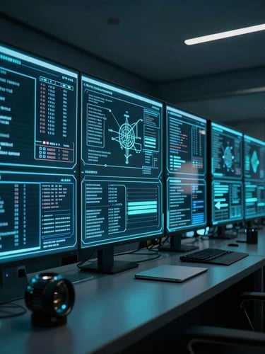 A high-contrast cinematic shot of a modern cyber forensics command center in Singapore, cool cyan holographic data screens reflecting on dark glass surfaces, 35mm lens, low-key lighting.