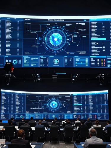 Wide cinematic shot of a modern international security summit in Singapore, low-key cool blue lighting, high-tech command center screens in the background.