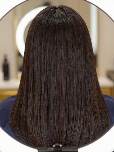 Close-up of glossy, healthy hair transformation, deep rich tones, bright ring-light studio lighting, shallow depth of field, 35mm