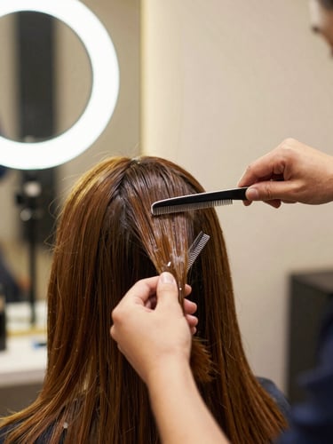 A professional stylist meticulously working with foils on a client's hair, warm editorial lighting, close-up of glossy hair texture, 35mm