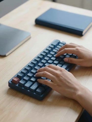 Close-up of hands typing on a minimalist mechanical keyboard on a sunlit wooden desk, deep blue notebook nearby, soft natural daylight, 35mm