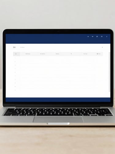 Clean minimalist mockup of a spreadsheet interface displayed on a modern laptop screen, soft daylight, deep blue and sand tones, sharp focus, 35mm