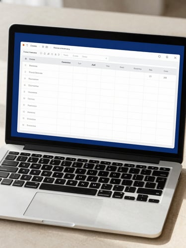 High-fidelity clean mockup of a sleek spreadsheet interface displayed on a modern laptop screen, overhead desk setup, bright natural daylight, soft shadows, 35mm