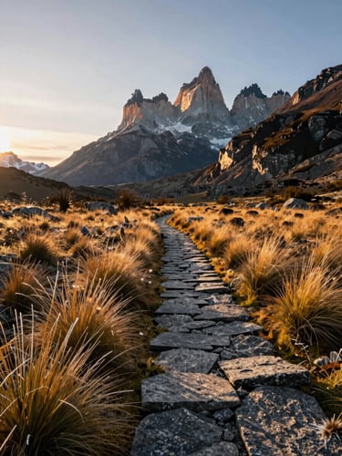 Wide editorial shot of a remote Patagonian valley at golden hour, a lone stone path cutting through amber grassland toward a jagged granite peak, vast open sky to the left, intimate foreground detail of frost-edged grass blades